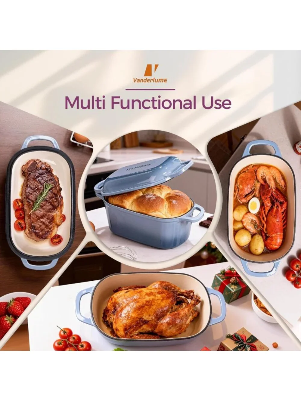 4.6-Quart Seasalt Oval Dutch Oven for Bread Baking 2 in 1 Enameled Cast Iron Pan